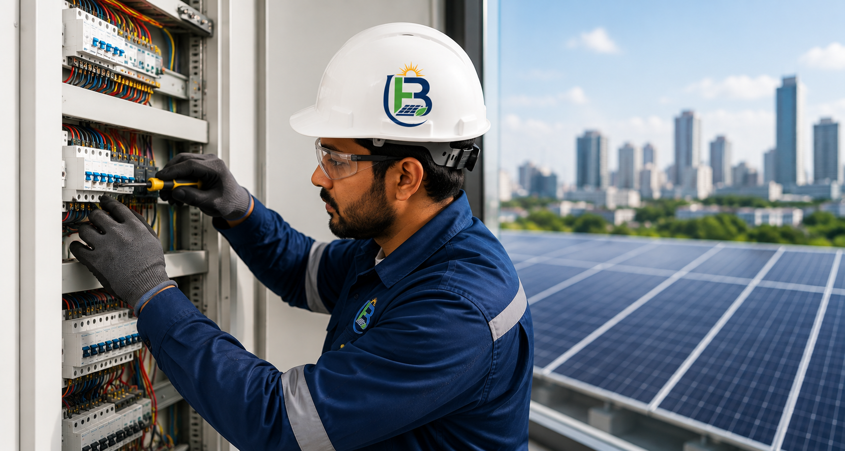 Brinsley engineer inspecting a distribution board with solar panels in the background