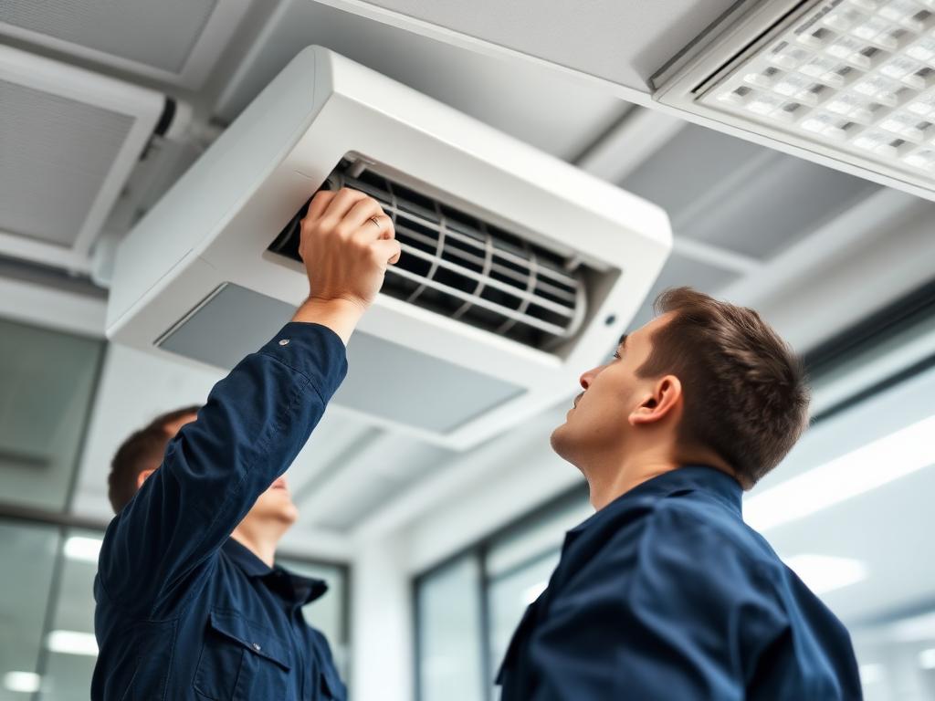 Technicians installing a ceiling cassette air conditioner